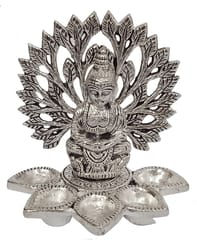 Metal Idol Bodhi Buddha 5 Lights Diya: Panchbatti Vilakku in Silver Finish (10177A)