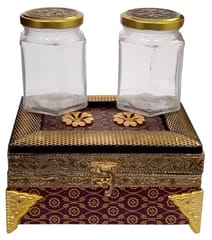Wooden Box With Brass Sheet Accents: Two Glass Jars Inside For Nuts, Candies, Spices, Or Mouth Fresheners, Blue (12694B)