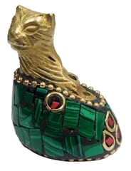 Brass Statuette Cat In The Shoe: Collectible Art Showpiece Figurine With Gemstone Overlay (12422A)