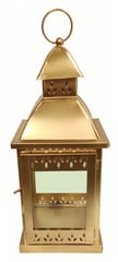Moroccan Hanging Or Table Lamp For Candles, Tea Lights Or Diyas: Alloy Metal Frame with Transparent Sides, Vintage Gold, Large (12736B)