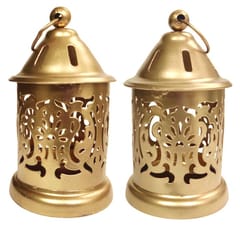 Moroccan Hanging Or Table Lantern Lamp Tealight Holders: Set of 2, Alloy Metal, Vintage Gold, Small (12736A)