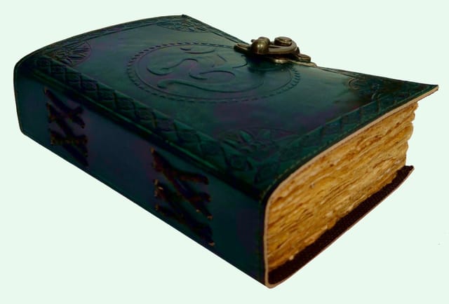 Leather Diary Journal With Emboss Design 'Om': Handmade Tree-Free Cotton Paper With Deckled Edges In Antique Finish, Vintage Lock, 7*5 Inches, 188 Pages, Green Color, Eco Friendly Classy Gift (12726)