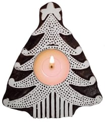 Wooden T Light Candle Holder: Unique Printing Block in Christmas Tree Design (12509A)
