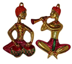Metal Figurines 'Double Melody': Decorative Wall Hanging Statue Set Of 2 Folk Musicians (12711)