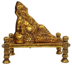 Metal Idol Resting Ganesha: Unique Pose Statue Set On Folk Indian Jute Bed Or Charpoy (12710)
