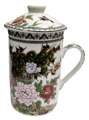 Porcelain Oriental Green Tea Mug, Infuser & Lid 'Sacred Flower' (11723E)