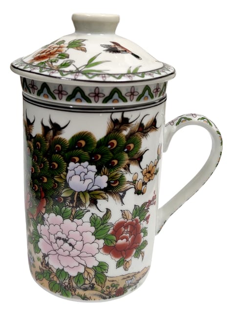 Porcelain Oriental Green Tea Mug, Infuser & Lid 'Sacred Flower' (11723E)