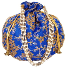 Silk Potli Bag (Clutch, Drawstring Purse): Intricate Gold Thread & Sequin Embroidery Satchel For Women, Blue (12602D)
