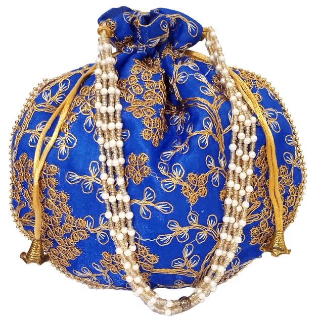 Silk Potli Bag (Clutch, Drawstring Purse): Intricate Gold Thread & Sequin Embroidery Satchel For Women, Blue (12602D)