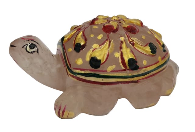 Rose Quartz Stone Tortoise (Turtle) Statue with Gold Painting : Hand Polished Natural Healing Gemstone Rock Idol for Positive Energy (12007)