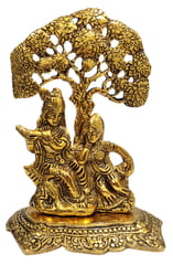 Janamashtmi Special Radha Krishna Statue Under Tree in White Metal with golden polish, Unique D?cor Indian Gift (10924)