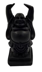 Resin Idol Laughing Buddha With Raised Hands: Black Granite Finish Statue (12489G)