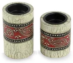 Crackle Finished Wooden Candle Holder set of 2, Red, White (ch09)