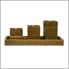 Brass work Wooden Candle holders set "Shimmer" (ch02a)