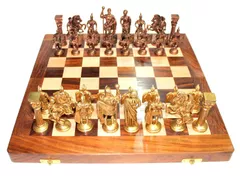 Chess Set with Brass Sculpted Pieces in Ancient Roman Style and Wooden Board "Golden Era" (10404)