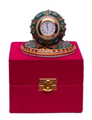 All-Occasion Gift Hamper OfMarble Round Table clock In Premium Red Velvet Box: Embellished With Colorful Stones And Peacock Painting (10471)