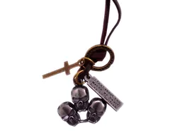 Mens Necklace Chain: Vintage Gothic 3 Skulls, Cross, Dog Tag Pendant with Adjustable Leather Cord (30062)