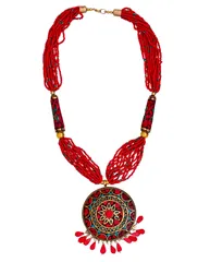 Necklace With Glass Beads & Red Gemstone Pendant(30092)