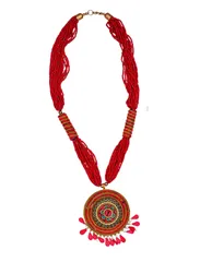 Necklace With Glass Beads & Red Gemstone Pendant (30093)