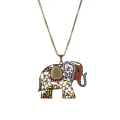 Necklace With Long Chain And Colorfully Embellished Funky Metal Elephant Pendant (30102)