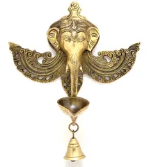 Rare Collection Wall Hanging Ganesha With Deepak Lamp And Hanging Bell: Sculpted In Solid Brass Metal; Unique�Wall Decor Gift (10962)