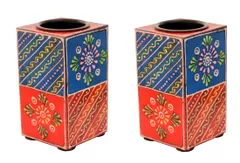 Wooden T Light Candle Holders Handpainted (Set of 2) Indian souvenir, gift (10996)