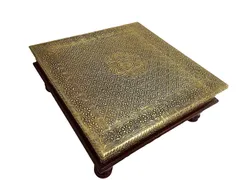 Wooden Bajot Chowki: Vintage Low Table Stool with Brass Sheet Cover, 11 inches (10758)