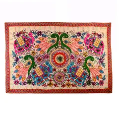 Finely Embriodered Indian vintage Small Tapestry Table Cover Wall Hanging Cotton Wall Decor "Jungle Jambooree" (11271)