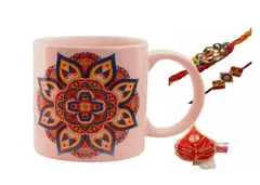 Rakhi Hamper For Brother : Ceramic Mug With Ethnic Rangoli Pattern, 2 Designer Rakhi & Pack Of Roli Chawal (rakhi64b)