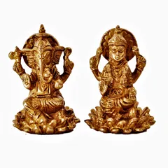 Mini Idol Ganesha-Lakshmi on Lotus Flower: Solid Brass Metal Statue for Home Temple (11391)