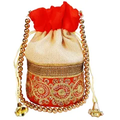 Rich Velvet & Jute Potli Bag (Clutch, Drawstring Purse, Evening Handbag) For Women With Gold Embroidery Work and Golden Beads String , Orange (11475)