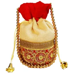 Rich Velvet & Jute Potli Bag (Clutch, Drawstring Purse, Evening Handbag) For Women With Gold Embroidery Work and Golden Beads String , Red (11477)