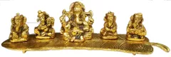 Metal Idol Ganesha on Banana Leaf: Set of 5 Ganeshas Playing Divine Music (11551)
