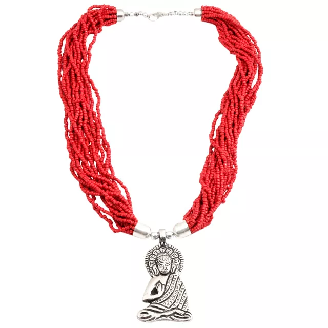 Multistrand Beads Necklace with Buddha Locket: Glowing Red (30142)