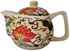 Painted Ceramic Kettle 'Forest Bloom': Small 350 ml Tea Coffee Pot, Steel Strainer Included (11606)