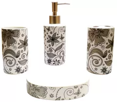 Ceramic Bathroom 4-piece Set 'Orient Grace': Soap Dish, Liquid Dispenser, Glass, Toothbrush Holder (11777)