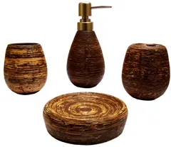 Ceramic Bathroom 4-piece Set 'Rustic Charm': Soap Dish, Liquid Dispenser, Glass, Toothbrush Holder (11778)