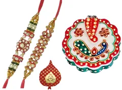 Rakhi Gift Set of 2 Designer Rakhis for Brother Marble Chopra Kumkum holder and Pack of Roli Chawal in Auspicious Red Paan Packing