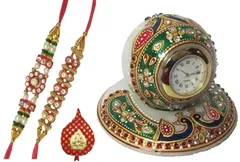 Rakhi Gift Set of 2 Designer Rakhis for Brother Marble Clock and Pack of Roli Chawal in Auspicious Red Paan Packing