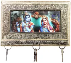Wooden Wall Hanging Key Holder 'Radha Krishna': 5 Hooks (12035)