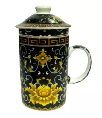 Porcelain Oriental Green Tea Mug, Infuser & Lid 'Holy Flower' (11723G)