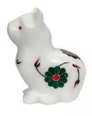 Marble Statue 'Catty Cat': Gemstone Inlay Collectible Showpiece Gift (12107)