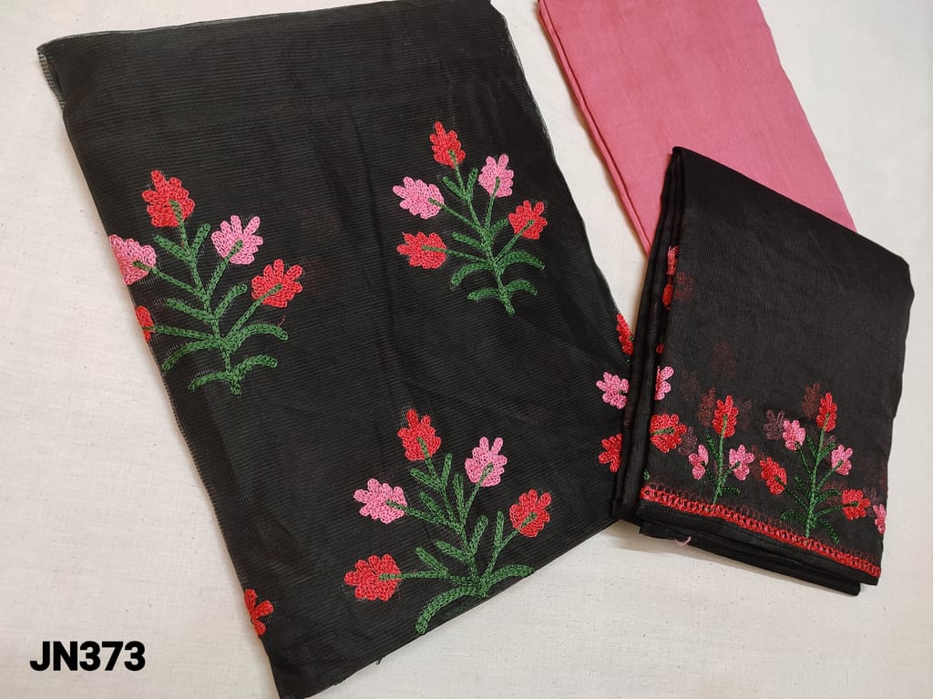 CODE JN373 : Designer Black Super Net unstitched Salwar material(netted, thin fabric requires lining) with Thread embroidery work on lower portion of top, Peachish Pink silk cotton bottom, Heavy thread embroidery work on super net silk cotton dupatta