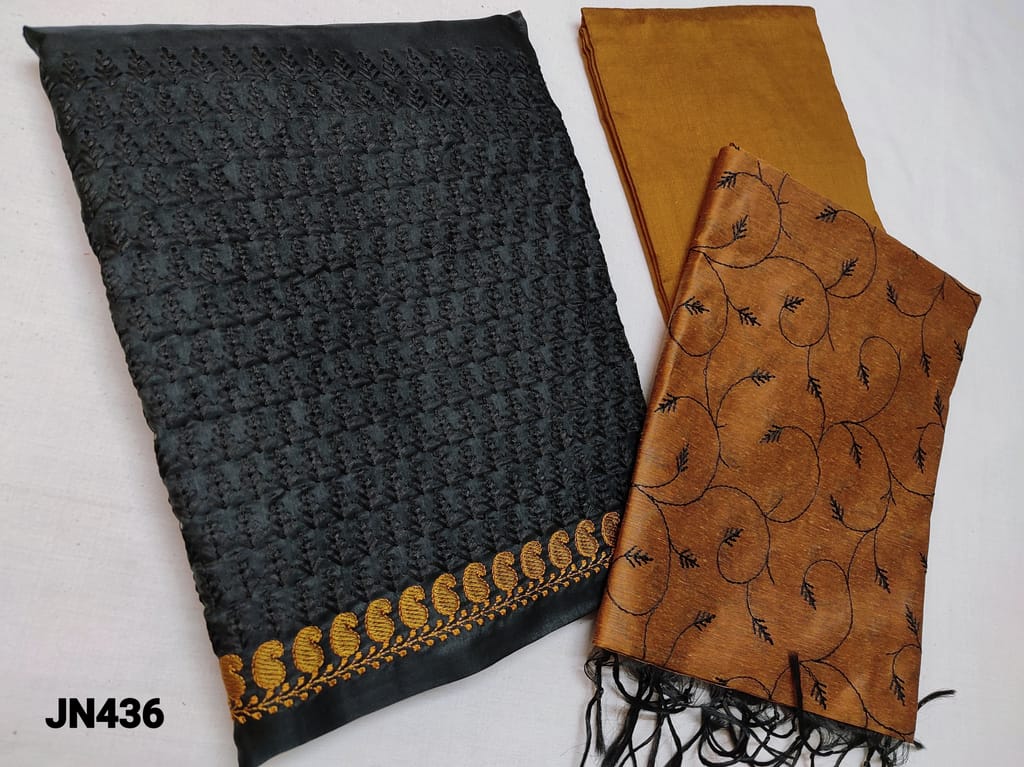 CODE JN436 : Black Fancy Silk cotton  unstitched Salwar material(lining optional) with heavy embroidery work on daman, honey brown silk cotton bottom, honey browncotton dupatta with Thread embroidery work and tassels