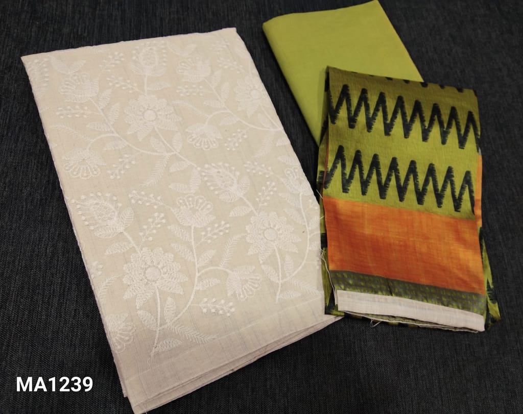 CODE MA1239: Half White Silk Cotton unstitched Salwar material(lining required) with embroidery work on frontside, light green soft cotton bottom, Digital Printed soft silk cotton dupatta with tapings.