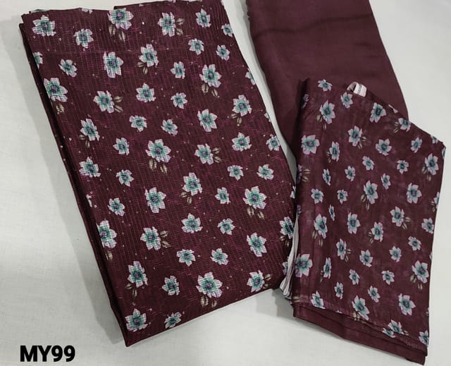 CODE MY99 :  Designer Maroon Silk cotton unstitched Salwar material(thin fabric requires lining) with Digital prints on yoke, Sequins weaving on front side, Santoon bottom, Digital printed Silk cotton dupatta