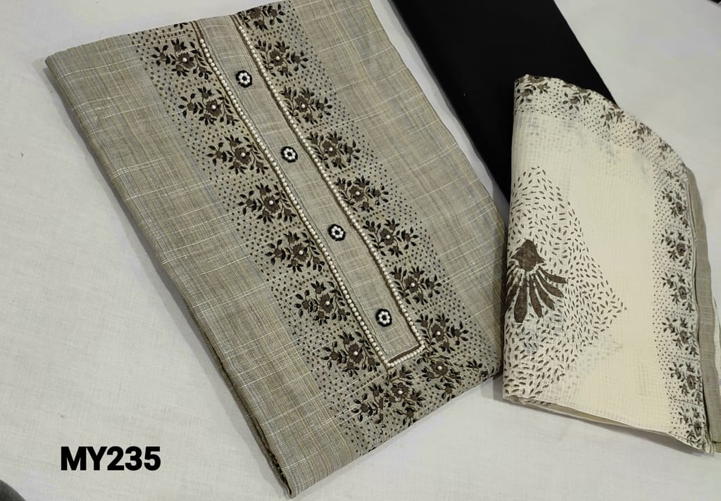 CODE MY235 : Block Printed Light Grey Shade Fancy Silk Cotton Unstitched Salwar material(lining required) with pearl bead work on yoke, black cotton bottom, Block Printed kota cotton dupatta.