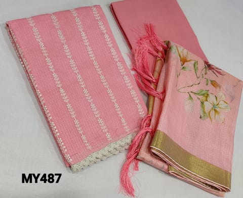 CODE MY487: Designer Light Pink Kota Silk Cotton unstitched Salwar material( lining required ) with thread and sequence  work on front side, matching cotton bottom with thread and foil work, digital printed kota silk cotton dupatta zari borders.