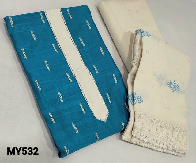 CODE MY532: Blue Slub Silk Cotton unstitched Salwar material(lining required) with thread woven allover, lace work on yoke, cream kadhi cotton bottom, block printed, thread and sequence work on soft mul cotton dupatta with lace tapings.