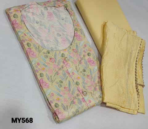 CODE MY568 :Pastel Pale yellow Printed Satin cotton unstitched Salwar material( lining required) with thread and sequence work on frontside, round neck, , yellow Cotton bottom, thread and sequence work on fancy crush silk cotton dupatta with gota lace tapings.